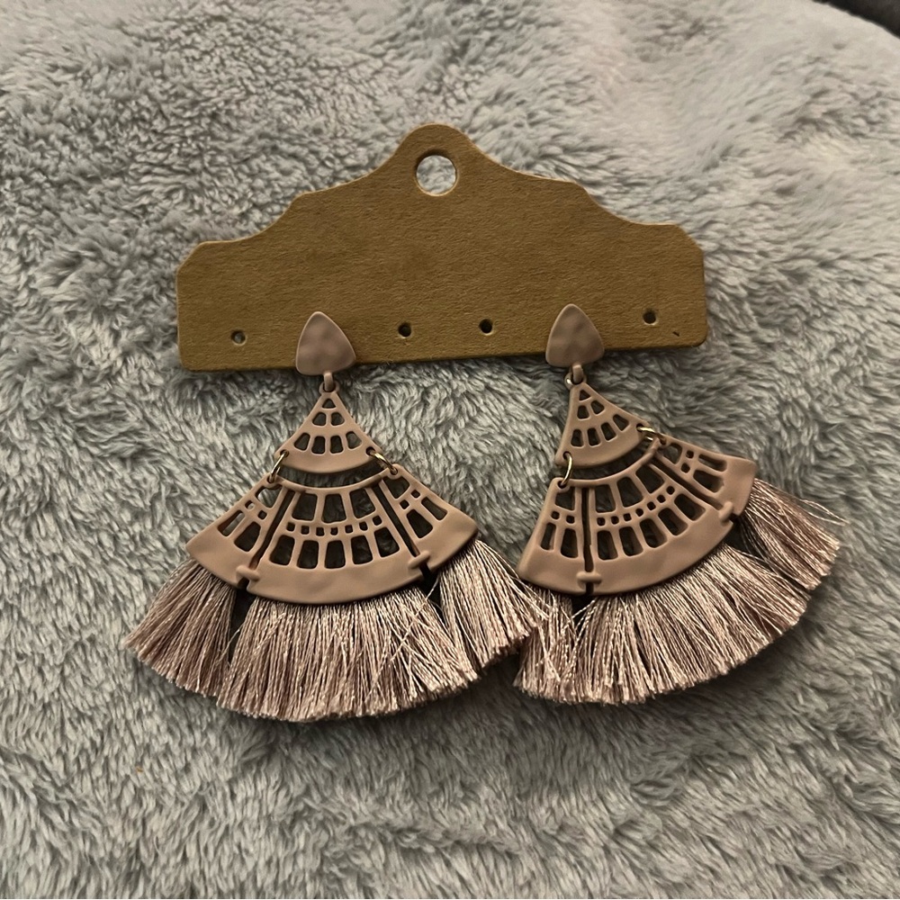 Tan Fan-Shaped Tassel Earrings with Intricate Design
